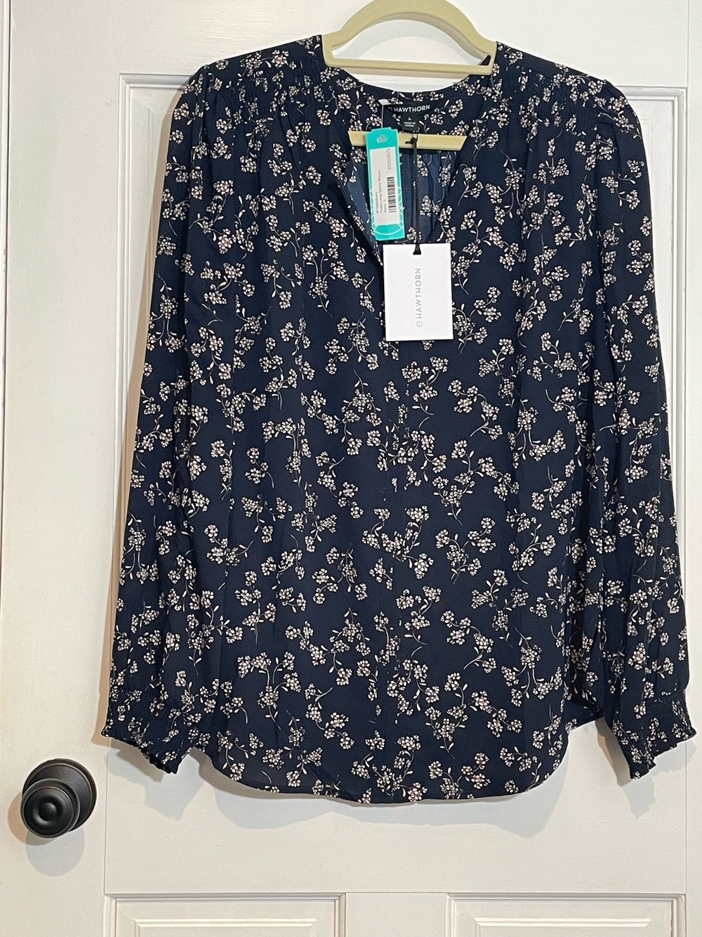 41 Hawthorn Violet Long Sleeve Floral Blouse Navy white Women’s Large NWT